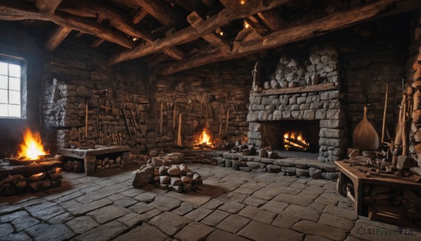 weapon,indoors,no humans,window,table,sunlight,fire,scenery,stairs,candle,wall,ruins,brick wall,torch,barrel,stone floor,stone wall,fireplace,crate,wood,brick,day,sword,armor,chair,helmet,bottle,shield,fantasy,axe,planted sword,treasure chest