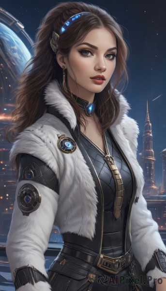 1girl,solo,long hair,breasts,looking at viewer,brown hair,hair ornament,long sleeves,brown eyes,jewelry,medium breasts,jacket,upper body,hairband,earrings,parted lips,open clothes,sky,choker,belt,signature,lips,coat,grey eyes,fur trim,makeup,night,lipstick,star (sky),night sky,forehead,buckle,eyeshadow,starry sky,science fiction,nose,white coat,red lips,space,blue hairband,planet,shirt,artist name,necklace,black choker,realistic