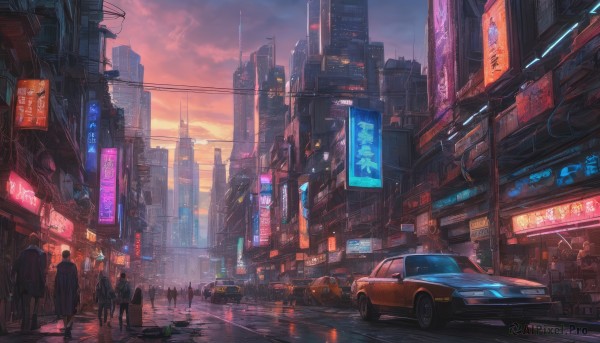 multiple girls, outdoors, multiple boys, sky, cloud, dutch angle, ground vehicle, building, scenery, motor vehicle, science fiction, 6+boys, sunset, city, sign, car, road, cityscape, power lines, street, skyscraper, city lights, cyberpunk, neon lights, crosswalk, vanishing point