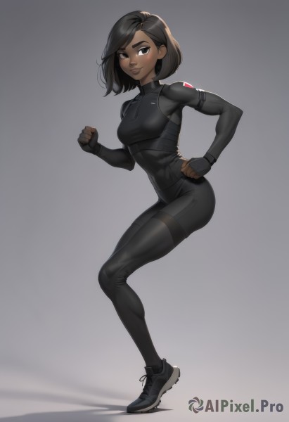 1girl,solo,breasts,looking at viewer,smile,short hair,simple background,black hair,gloves,brown eyes,medium breasts,standing,full body,small breasts,shoes,black gloves,dark skin,fingerless gloves,medium hair,grey background,dark-skinned female,lips,gradient,hand on hip,gradient background,bodysuit,swept bangs,sneakers,clenched hand,black bodysuit,blush,black eyes,clenched hands,running,very dark skin,grey bodysuit