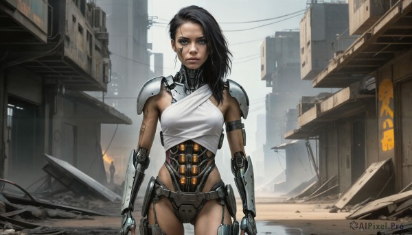 HQ,1girl,solo,long hair,breasts,looking at viewer,blue eyes,black hair,medium breasts,closed mouth,standing,weapon,cowboy shot,outdoors,dark skin,armor,leotard,dark-skinned female,lips,tattoo,halterneck,scar,shoulder armor,building,science fiction,city,android,joints,cable,mechanical arms,ruins,facial tattoo,cyborg,damaged,single mechanical arm,robot joints,cyberpunk,mechanical parts,jewelry,earrings,small breasts,robot,serious,realistic,power lines,dirty,wire,mechanical legs