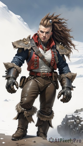 1girl,solo,long hair,looking at viewer,brown hair,shirt,hair ornament,gloves,1boy,brown eyes,jewelry,standing,jacket,full body,white shirt,ponytail,weapon,earrings,boots,outdoors,belt,pants,armor,vest,lips,fur trim,scar,brown footwear,shoulder armor,gauntlets,genderswap,red jacket,snow,buckle,genderswap (mtf),pauldrons,pouch,rock,belt buckle,mountain,brown belt,leather,brown pants,strap,belt pouch,fur-trimmed boots,leather boots,fur boots,male focus,sky,day,necklace,ground vehicle,motor vehicle,walking,realistic,tank,shoulder pads,single gauntlet