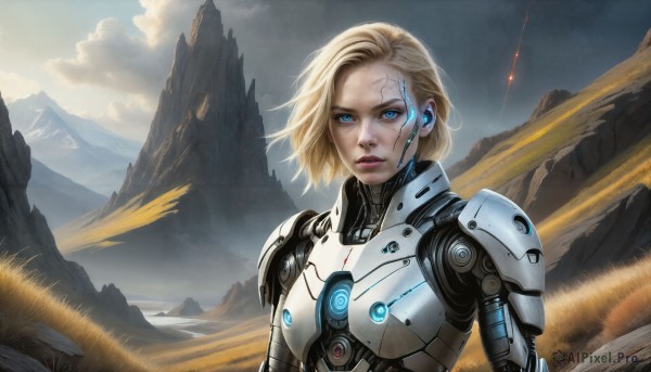 HQ,1girl,solo,looking at viewer,short hair,blue eyes,blonde hair,upper body,outdoors,sky,day,cloud,signature,armor,lips,glowing,cloudy sky,science fiction,mountain,realistic,nose,cyborg,power armor,robot,wind,glowing eyes,android,cyberpunk,laser