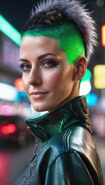 1girl,solo,looking at viewer,smile,short hair,jewelry,green eyes,jacket,upper body,multicolored hair,earrings,green hair,blurry,from side,two-tone hair,lips,eyelashes,makeup,blurry background,piercing,eyeshadow,freckles,realistic,nose,stud earrings,eyeliner,very short hair,leather,undercut,leather jacket,mohawk,cyberpunk,black hair,artist name,dark skin,dark-skinned female,black jacket,facial mark,portrait,web address,zipper,high collar