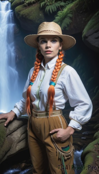 1girl,solo,long hair,breasts,looking at viewer,blue eyes,shirt,long sleeves,hat,jewelry,medium breasts,closed mouth,standing,white shirt,braid,earrings,outdoors,parted lips,collared shirt,belt,pants,water,orange hair,twin braids,tree,lips,dress shirt,suspenders,nature,hair over shoulder,freckles,hand in pocket,rock,realistic,nose,brown headwear,straw hat,brown pants,river,waterfall,high-waist pants,red hair