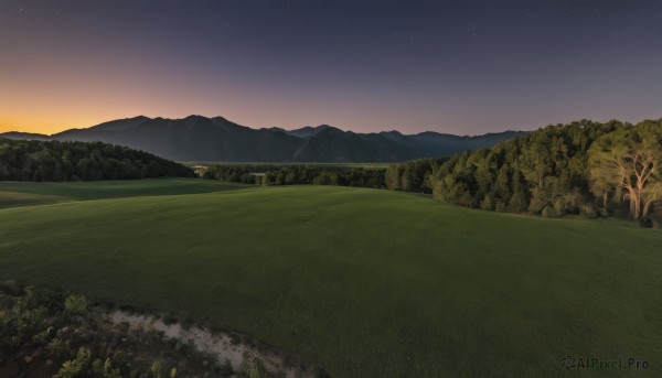 outdoors,sky,tree,no humans,night,grass,star (sky),nature,night sky,scenery,forest,starry sky,sunset,mountain,field,landscape,mountainous horizon,gradient sky,hill,cloud,horizon,twilight,evening