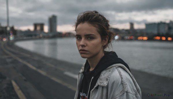 1girl,solo,looking at viewer,short hair,brown hair,1boy,jewelry,closed mouth,jacket,upper body,male focus,earrings,outdoors,sky,cloud,dark skin,hood,blurry,lips,hoodie,depth of field,blurry background,hood down,cloudy sky,freckles,realistic,grey jacket,drawstring,road,grey hoodie,grey sky,shirt,black hair,brown eyes,open clothes,day,open jacket,black shirt,expressionless,hooded jacket,motor vehicle,nose,car,stud earrings,street,overcast