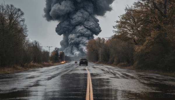 outdoors,sky,day,cloud,water,tree,no humans,cloudy sky,fire,ground vehicle,nature,scenery,motor vehicle,forest,smoke,reflection,car,road,power lines,bare tree,utility pole,fog,grey sky,burning,grass,lamppost,street,truck