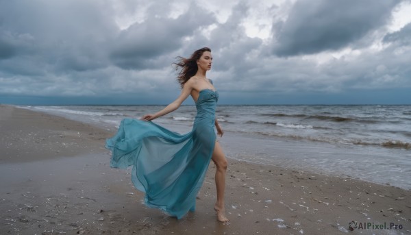 1girl,solo,long hair,breasts,brown hair,black hair,dress,bare shoulders,medium breasts,full body,closed eyes,outdoors,sky,barefoot,day,cloud,water,lips,strapless,blue dress,ocean,beach,cloudy sky,wind,strapless dress,walking,realistic,sand,waves,dancing,shore