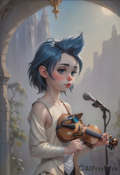 1girl,solo,breasts,blush,short hair,blue eyes,shirt,long sleeves,holding,bare shoulders,closed mouth,blue hair,standing,collarbone,white shirt,upper body,small breasts,artist name,lips,watermark,plant,instrument,bandaid,microphone,web address,freckles,nose,music,bandaid on face,playing instrument,holding instrument,microphone stand,bandaid on nose,violin,outdoors,open clothes,moon,crescent moon,pillar,bow (music)