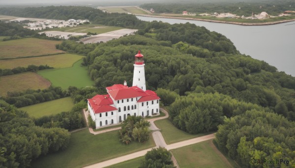 outdoors,sky,day,water,tree,no humans,grass,building,nature,scenery,forest,mountain,road,bush,house,bridge,river,castle,tower,landscape,path,cloud,field,lake