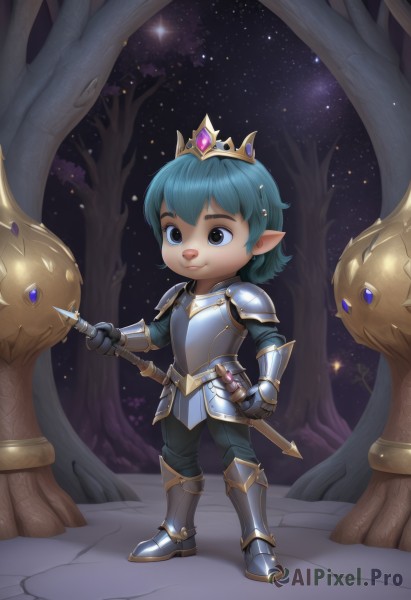 solo,smile,short hair,blue eyes,1boy,holding,blue hair,standing,full body,weapon,male focus,boots,outdoors,sky,pointy ears,sword,holding weapon,armor,tree,night,crown,shoulder armor,gauntlets,star (sky),starry sky,breastplate,armored boots,greaves,yordle,1girl,gem,sheath,night sky