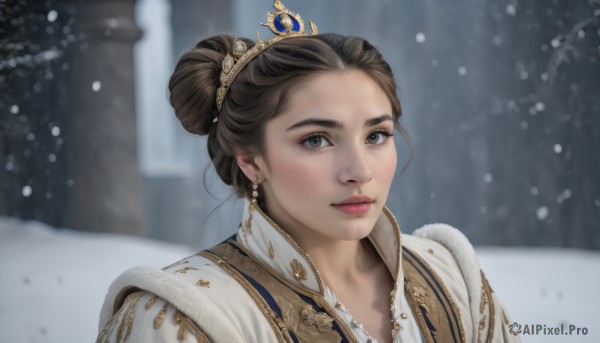 1girl,solo,looking at viewer,blush,brown hair,black hair,jewelry,closed mouth,earrings,outdoors,hair bun,blurry,black eyes,lips,grey eyes,blurry background,chinese clothes,single hair bun,tiara,crown,portrait,snow,freckles,snowing,realistic,princess,smile,brown eyes,upper body,fur trim,makeup,depth of field