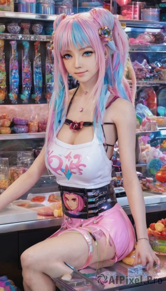 1girl,solo,long hair,breasts,looking at viewer,smile,bangs,blue eyes,skirt,large breasts,shirt,hair ornament,cleavage,bare shoulders,twintails,jewelry,medium breasts,sitting,closed mouth,underwear,blue hair,white shirt,pink hair,heart,sidelocks,multicolored hair,food,shorts,sleeveless,belt,indoors,necklace,nail polish,bra,bracelet,two-tone hair,lips,streaked hair,torn clothes,short shorts,thigh strap,fruit,feet out of frame,tank top,black bra,pink skirt,pink lips,realistic,shelf,pink shorts,counter,high-waist shorts,thighhighs,earrings,artist name,white thighhighs,tattoo,makeup,watermark,piercing,ear piercing,candy,pendant,heart necklace,shop,cyberpunk