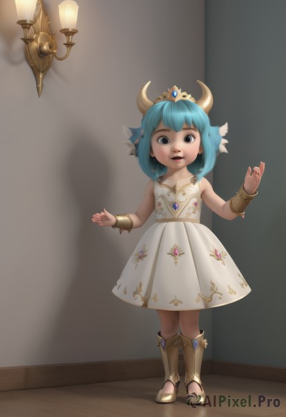 1girl,solo,looking at viewer,smile,short hair,open mouth,blue eyes,dress,bare shoulders,jewelry,blue hair,standing,full body,boots,parted lips,horns,sleeveless,white dress,bracelet,sleeveless dress,sandals,tiara,aged down,crown,child,dragon horns,female child,lalafell,bangs,brown eyes,teeth,artist name,indoors,lips,hands up,watermark,web address,bracer