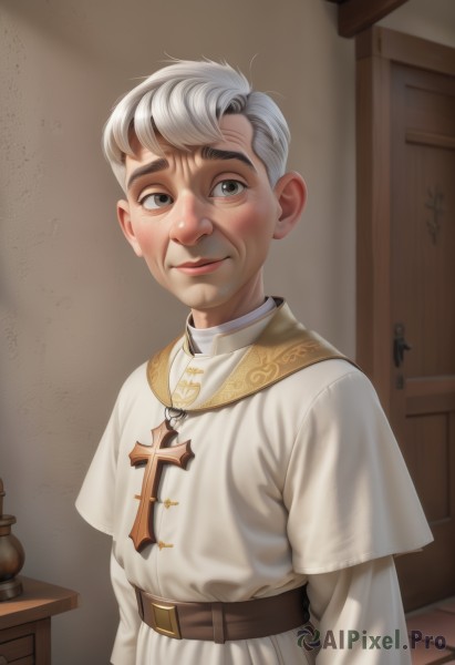 solo,looking at viewer,blush,smile,short hair,long sleeves,1boy,brown eyes,closed mouth,standing,upper body,white hair,grey hair,male focus,belt,indoors,black eyes,lips,grey eyes,cross,robe,realistic,brown belt,male child,cross necklace,old,old man,tunic,cabinet,priest,wrinkled skin,jewelry,artist name,necklace,thick eyebrows,door,white robe