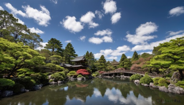 outdoors,sky,day,cloud,water,tree,blue sky,no humans,cloudy sky,building,nature,scenery,forest,reflection,rock,mountain,architecture,bridge,east asian architecture,river,landscape,grass,pond,reflective water