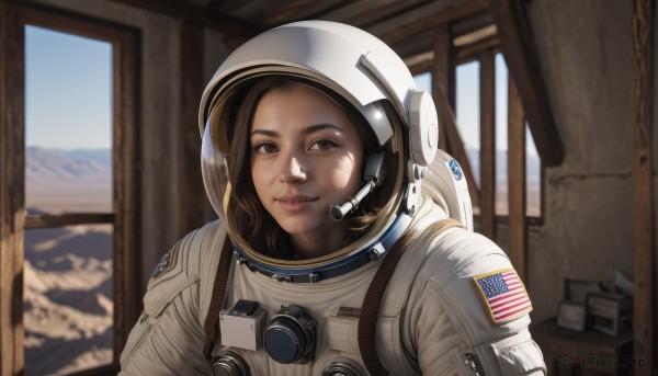 1girl,solo,looking at viewer,smile,brown hair,brown eyes,closed mouth,upper body,indoors,blurry,lips,window,blurry background,helmet,realistic,american flag,spacesuit,japanese flag,astronaut,parted lips,portrait,microphone,reflection,planet,earth (planet),space helmet,united states,american flag print