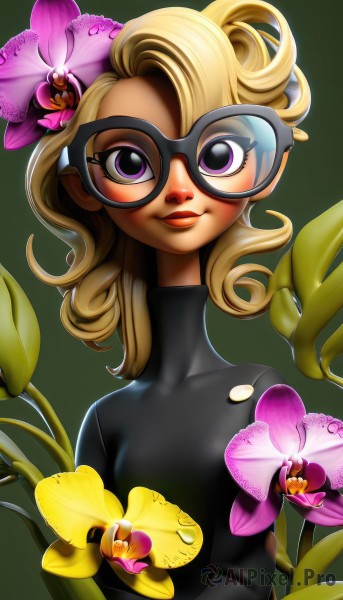 1girl,solo,long hair,looking at viewer,smile,blonde hair,simple background,hair ornament,purple eyes,upper body,flower,glasses,hair flower,lips,eyelashes,bodysuit,makeup,mask,leaf,plant,lipstick,green background,curly hair,black bodysuit,domino mask,breasts,turtleneck,skin tight,asymmetrical hair,nose,superhero