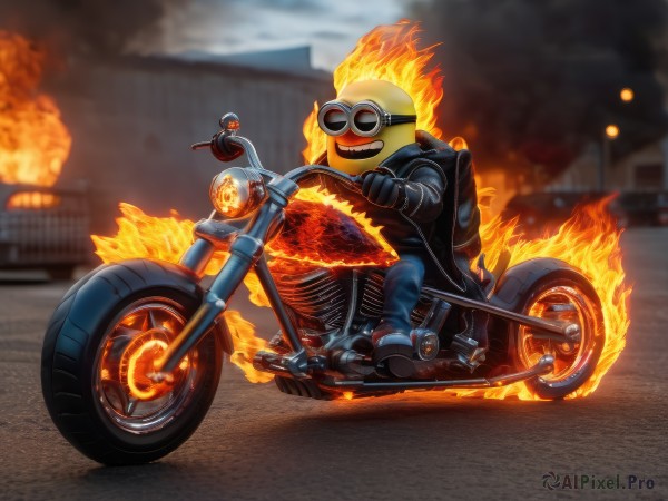 solo,smile,open mouth,gloves,1boy,jacket,male focus,boots,outdoors,black gloves,pants,bag,black footwear,blurry,black jacket,blurry background,backpack,helmet,fire,denim,goggles,ground vehicle,motor vehicle,smoke,jeans,blue pants,explosion,motorcycle,leather jacket,burning,on motorcycle,shoes,teeth,sunglasses,sneakers,road,riding,leather