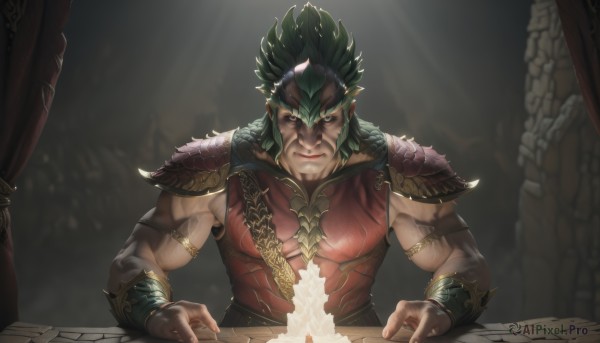 solo,long hair,looking at viewer,smile,1boy,closed mouth,upper body,male focus,green hair,pointy ears,indoors,armor,blurry,muscular,blurry background,glowing,facial hair,scar,muscular male,shoulder armor,bara,armlet,veins,pauldrons,mature male,vambraces,light,bracer,shoulder pads,pillar,biceps,table,glowing eyes,candle,manly,white eyes