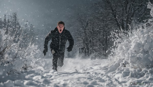 solo,short hair,open mouth,black hair,gloves,long sleeves,1boy,jacket,male focus,outdoors,black gloves,pants,tree,coat,black jacket,black pants,nature,scenery,snow,forest,walking,running,snowing,winter clothes,winter,bare tree,fleeing,footprints,chasing,brown hair,full body,boots,sky,realistic,fat,shouting,screaming