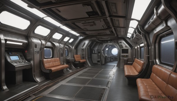 no humans,ground vehicle,scenery,reflection,science fiction,realistic,space,train,spacecraft,seat,indoors,window,robot,machinery,light,cable,monitor,spacesuit,cockpit,screen