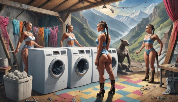 long hair,breasts,multiple girls,brown hair,black hair,navel,cleavage,medium breasts,underwear,standing,panties,ponytail,ass,sky,shoes,day,midriff,indoors,dark skin,3girls,bra,high heels,dark-skinned female,bird,animal,sandals,curtains,reflection,toned,dog,sports bra,mirror,mountain,blue bra,tent,laundry,braid,underwear only,tank top,white bra,leash