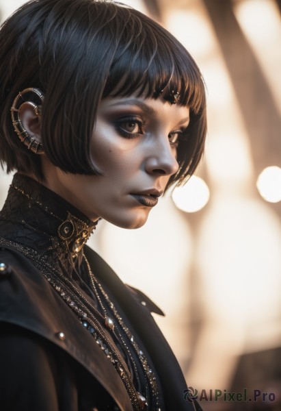 1girl,solo,looking at viewer,short hair,bangs,black hair,brown eyes,jewelry,jacket,upper body,earrings,parted lips,artist name,blunt bangs,necklace,mole,blurry,lips,black jacket,eyelashes,mole under eye,makeup,depth of field,blurry background,piercing,bob cut,lipstick,ear piercing,portrait,freckles,realistic,nose,black lips,nose piercing,lip piercing,eyebrow piercing,from side