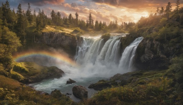 outdoors, sky, cloud, water, tree, no humans, cloudy sky, nature, scenery, forest, sunset, mountain, rainbow, river, waterfall, landscape