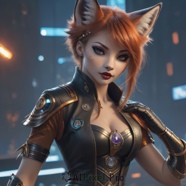 1girl,solo,breasts,looking at viewer,short hair,bangs,hair ornament,gloves,animal ears,cleavage,brown eyes,jewelry,medium breasts,jacket,upper body,short sleeves,earrings,hairclip,artist name,cat ears,hand up,signature,orange hair,mole,blurry,lips,fox ears,eyelashes,mole under eye,makeup,blurry background,swept bangs,lipstick,gauntlets,eyeshadow,freckles,red lips,eyeliner,badge,closed mouth,open clothes,armor,open jacket,tattoo,fox girl,cropped jacket,realistic