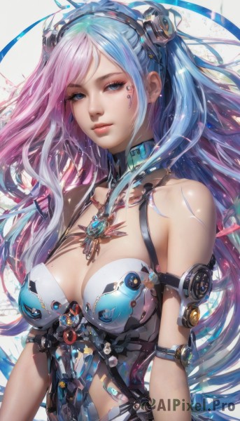 1girl,solo,long hair,breasts,looking at viewer,smile,bangs,blue eyes,large breasts,hair ornament,cleavage,bare shoulders,jewelry,medium breasts,blue hair,upper body,pink hair,multicolored hair,parted lips,two-tone hair,lips,gradient hair,swept bangs,headgear,armlet,science fiction,realistic,nose,android,purple hair,necklace,mole,eyelashes,facial mark