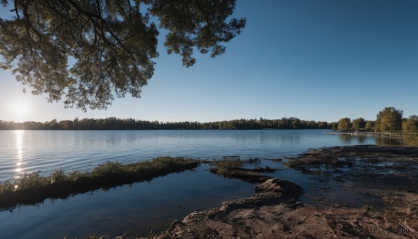 outdoors,sky,day,cloud,water,tree,blue sky,no humans,sunlight,grass,nature,scenery,forest,reflection,sunset,rock,mountain,sun,river,landscape,lake,sunrise,artist name,signature