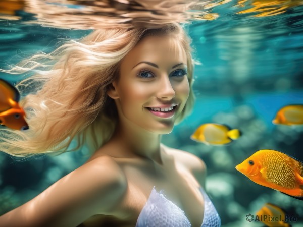 1girl,solo,long hair,breasts,looking at viewer,smile,open mouth,blue eyes,blonde hair,bare shoulders,medium breasts,swimsuit,bikini,teeth,water,lips,monster girl,fish,bubble,underwater,realistic,air bubble,mermaid,swimming,shell bikini,collarbone,upper body,blurry,floating hair,fangs,shell,clownfish