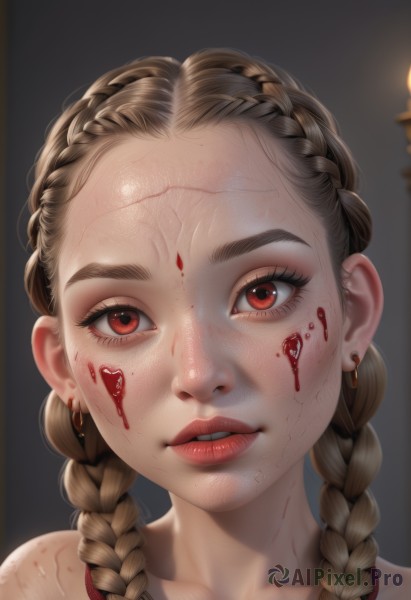 1girl,solo,long hair,looking at viewer,brown hair,red eyes,jewelry,collarbone,braid,earrings,parted lips,teeth,twin braids,lips,eyelashes,blood,portrait,forehead,freckles,veins,injury,blood on face,realistic,red lips,simple background,bare shoulders,artist name,blurry,makeup,facial mark,thick eyebrows,hair over shoulder,close-up,nose,candle,mascara