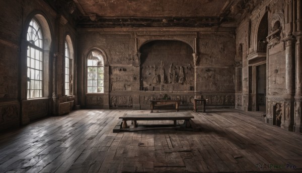 day,indoors,book,no humans,window,chair,table,sunlight,scenery,wooden floor,stairs,door,hallway,carpet,barrel,wooden chair,fantasy,candle,wall,architecture,pillar,church,arch,candlestand,chandelier,fireplace