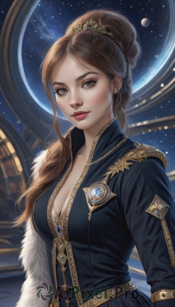 1girl,solo,long hair,breasts,looking at viewer,brown hair,long sleeves,dress,cleavage,brown eyes,jewelry,medium breasts,closed mouth,upper body,earrings,hair bun,lips,fur trim,makeup,single hair bun,lipstick,gem,star (sky),realistic,nose,red lips,space,planet,bangs,braid,artist name,freckles