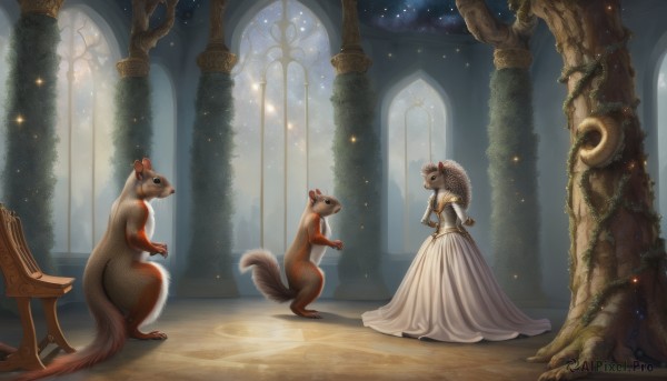 1girl,long hair,dress,standing,indoors,white dress,armor,looking at another,pokemon (creature),no humans,window,animal,plant,light particles,hands on hips,dog,fantasy,long dress,vines,pillar,arch,gown,column,gloves,tail,elbow gloves,star (sky),veil,furry,wedding dress,mouse,statue,squirrel