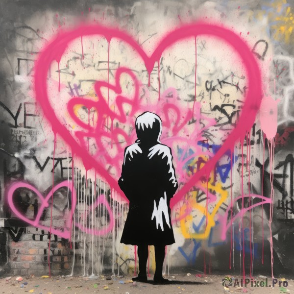 solo,short hair,1boy,standing,full body,male focus,heart,from behind,black footwear,coat,shadow,hands in pockets,graffiti,copyright name,silhouette,wall,dripping,colorful,paint splatter,paint,splatter