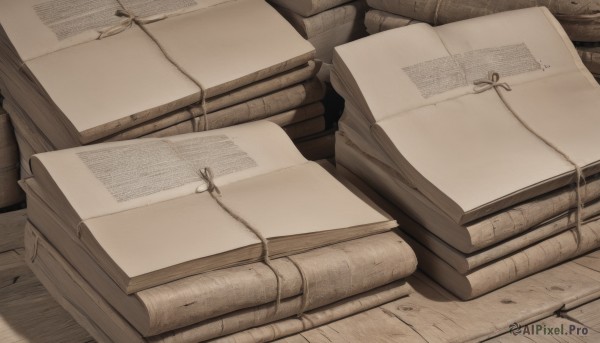 monochrome,book,no humans,table,wooden floor,paper,open book,sepia,brown theme,still life,wood,indoors,shadow,scenery,book stack,floor,wooden table