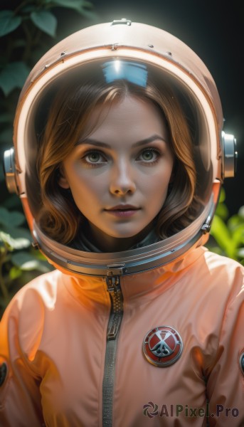 1girl,solo,looking at viewer,brown hair,brown eyes,closed mouth,upper body,signature,blurry,lips,blurry background,leaf,helmet,zipper,realistic,nose,spacesuit,space helmet,astronaut,short hair,bangs,green eyes,parted lips,eyelashes,makeup,plant,reflection,science fiction,wide-eyed,emblem