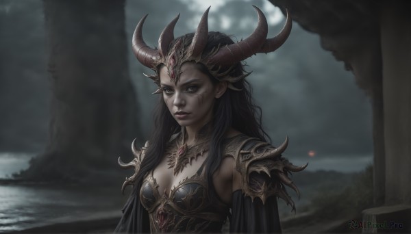 HQ,1girl,solo,long hair,breasts,looking at viewer,black hair,red eyes,cleavage,jewelry,medium breasts,closed mouth,upper body,outdoors,detached sleeves,horns,armor,blurry,lips,makeup,blurry background,shoulder armor,gem,pale skin,pauldrons,black lips,small breasts,pointy ears,water,facial mark,realistic,fantasy