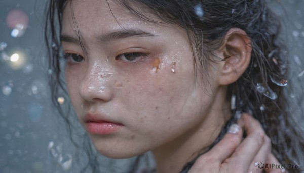 1girl,solo,long hair,looking at viewer,black hair,brown eyes,closed mouth,hand up,blurry,black eyes,lips,wet,depth of field,blurry background,portrait,close-up,freckles,water drop,realistic,nose,wet hair,bangs,looking away,expressionless,bokeh