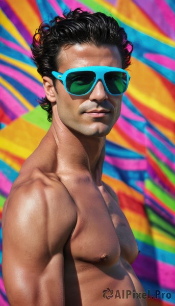 solo,looking at viewer,black hair,1boy,closed mouth,nipples,upper body,male focus,dark skin,lips,muscular,sunglasses,dark-skinned male,pectorals,topless male,realistic,nose,multicolored background,short hair,facial hair,muscular male,manly,colorful