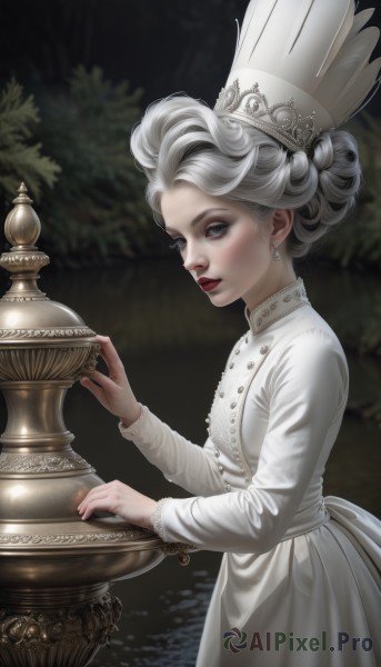 1girl,solo,looking at viewer,blue eyes,long sleeves,hat,dress,jewelry,closed mouth,white hair,grey hair,earrings,outdoors,hair bun,nail polish,white dress,blurry,from side,tree,lips,grey eyes,makeup,blurry background,white headwear,single hair bun,crown,lipstick,pale skin,red lips,chess piece,board game,short hair,standing,braid,buttons,realistic,nose,chef hat,updo,chef