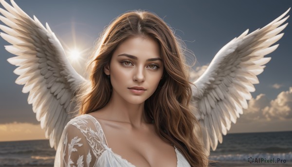 1girl,solo,long hair,breasts,looking at viewer,smile,large breasts,brown hair,dress,cleavage,brown eyes,closed mouth,collarbone,upper body,outdoors,wings,sky,cloud,water,white dress,blurry,lips,see-through,ocean,wavy hair,beach,sunlight,feathered wings,lens flare,sunset,angel wings,realistic,nose,white wings,sun,horizon,angel,day,blue sky,cloudy sky