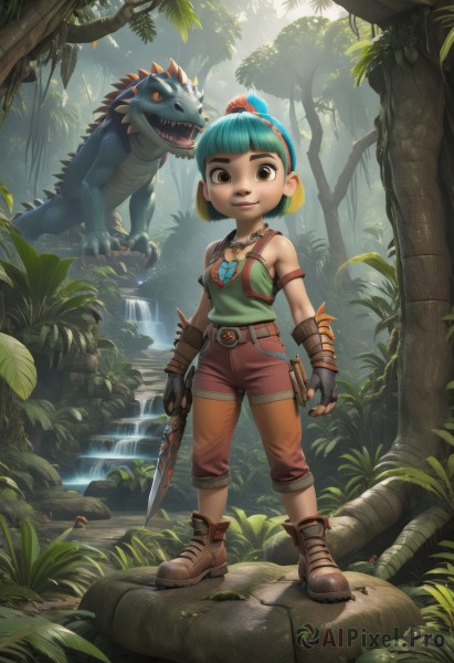 1girl,looking at viewer,smile,short hair,bangs,shirt,gloves,bow,holding,bare shoulders,brown eyes,jewelry,closed mouth,blue hair,standing,full body,weapon,hair bow,multicolored hair,hairband,boots,outdoors,green hair,shoes,shorts,teeth,day,black gloves,belt,pants,artist name,signature,blunt bangs,fingerless gloves,water,necklace,holding weapon,tree,brown footwear,tank top,grass,knife,child,nature,brown gloves,pendant,forest,rock,green shirt,female child,holding knife,dagger,brown pants,brown shorts,waterfall,dinosaur,solo,leaf,plant,monster,dragon