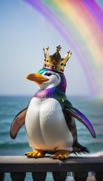 solo,closed mouth,standing,full body,outdoors,sky,day,water,blurry,no humans,blurry background,bird,ocean,animal,feathers,crown,animal focus,rainbow,beak,penguin