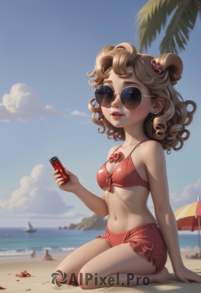 1girl,solo,breasts,looking at viewer,smile,blonde hair,brown hair,hair ornament,navel,holding,bare shoulders,jewelry,sitting,swimsuit,full body,heart,bikini,earrings,small breasts,outdoors,parted lips,sky,barefoot,teeth,day,artist name,cloud,water,stomach,nail polish,blurry,tree,blue sky,lips,bare arms,bare legs,blurry background,ocean,umbrella,beach,sunglasses,front-tie top,red nails,seiza,red bikini,curly hair,front-tie bikini top,sand,can,palm tree,heart hair ornament,stud earrings,watercraft,bikini skirt,tinted eyewear,shell,beach umbrella,boat,crab,lotion,short hair,twintails,green eyes,medium hair,arm support,wariza,scrunchie,round eyewear,shade,summer,soda can,coca-cola