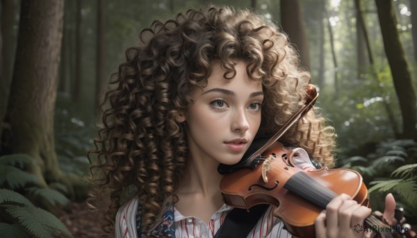 1girl,solo,long hair,looking at viewer,brown hair,shirt,brown eyes,upper body,outdoors,striped,blurry,tree,lips,grey eyes,blurry background,leaf,wavy hair,plant,instrument,portrait,nature,forest,curly hair,striped shirt,realistic,nose,music,playing instrument,holding instrument,violin,bow (music),parted lips